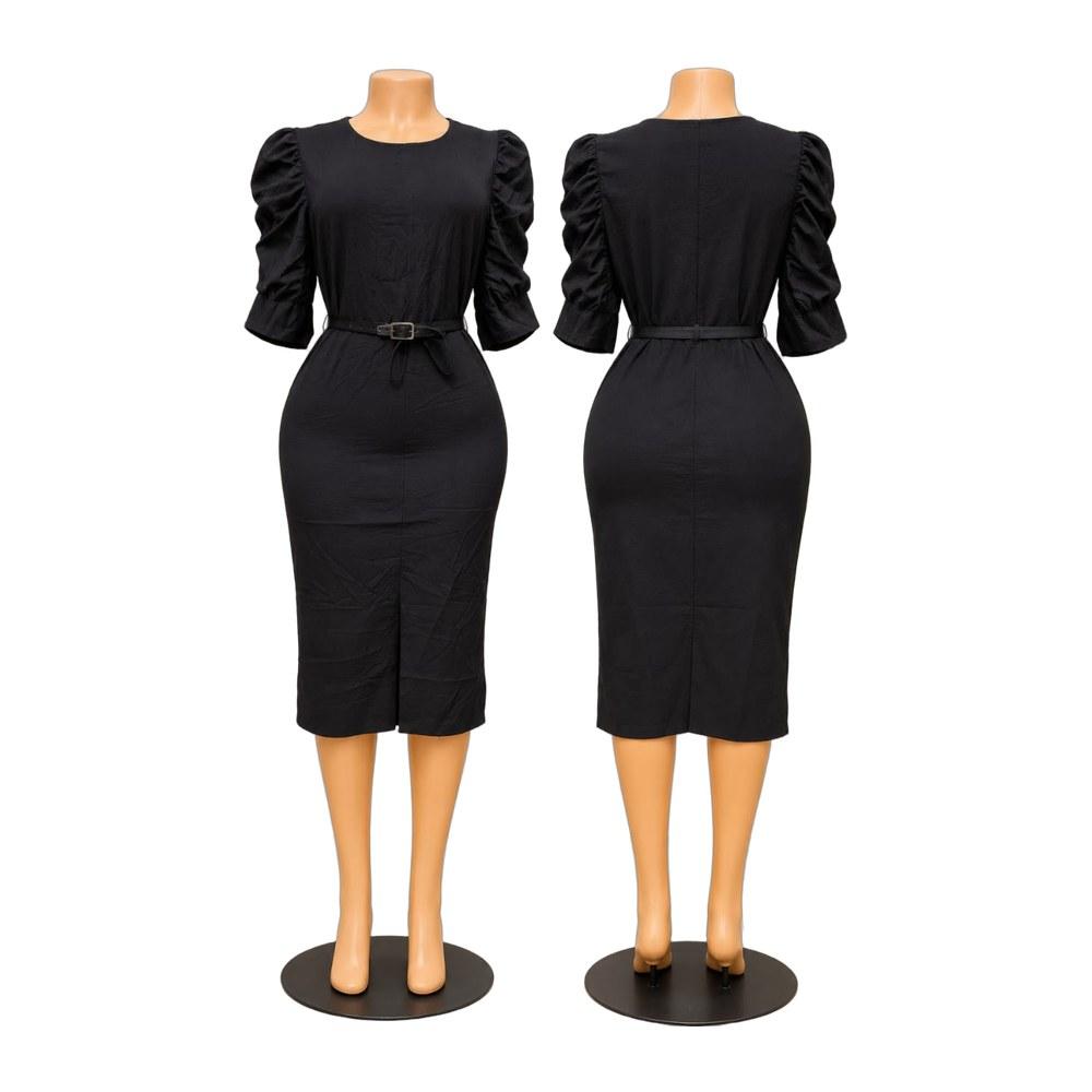 Puff Sleeve Belted Midi Dress