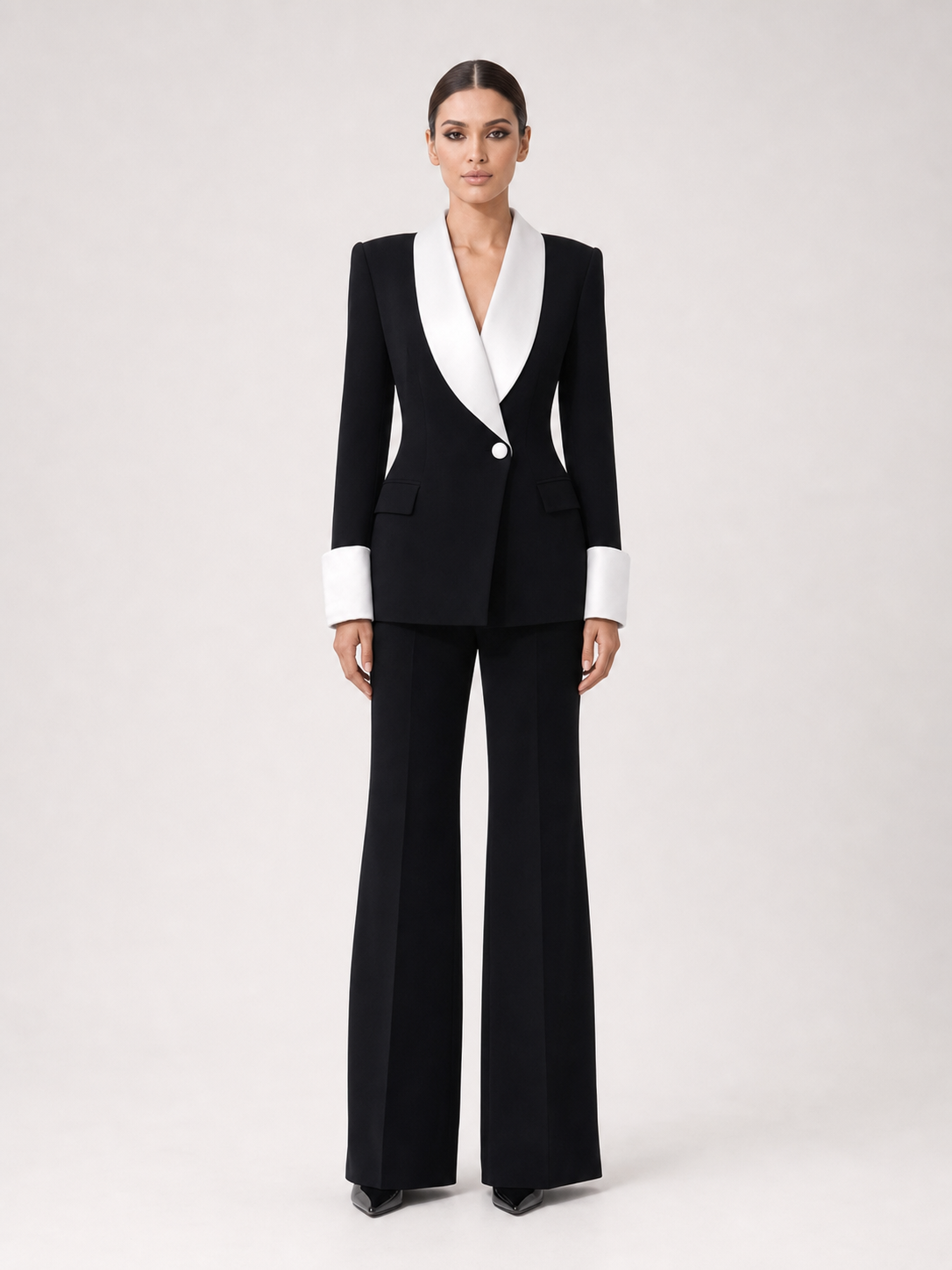 Black Contrast Satin Lapel Suit Two-Piece Set