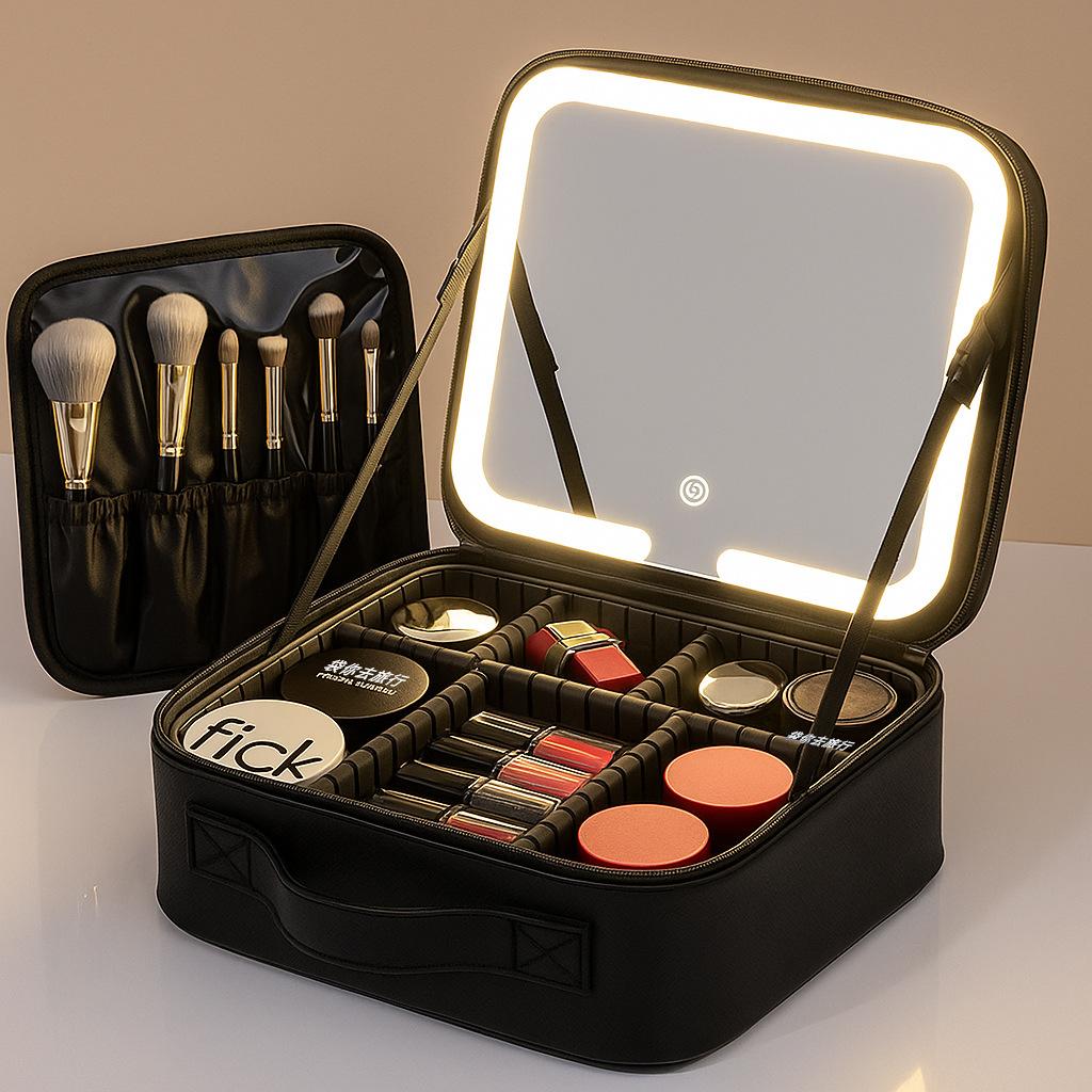 Portable LED Light Mirror Travel Makeup Bag, Large Capacity Women Cosmetic Organizer Case